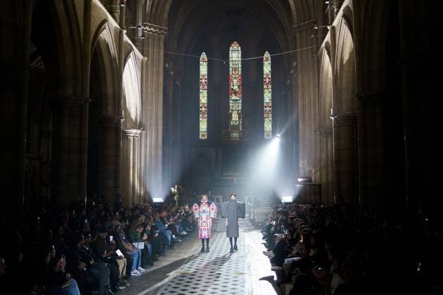 PFW - Anrealage Runway - Paris AJ Models present creations by Anrealage for the Womenswear Ready-to-wear Fall-Winter 2025 2026 collection as part of the Paris Fashion Week, at the American Cathedral in Paris, France on March 4, 2025. Photo by Alexis Jumeau ABACAPRESS.COM Paris France  Copyright: xJumeauxAlexis ABACAx