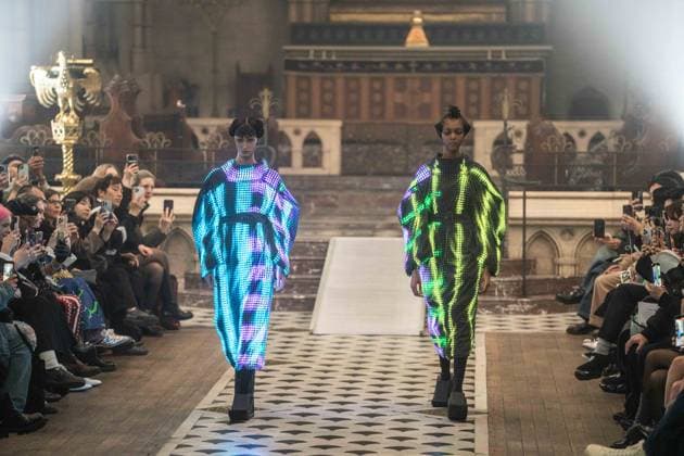 PFW - Anrealage Runway - Paris AJ Models present creations by Anrealage for the Womenswear Ready-to-wear Fall-Winter 2025 2026 collection as part of the Paris Fashion Week, at the American Cathedral in Paris, France on March 4, 2025. Photo by Alexis Jumeau ABACAPRESS.COM Paris France  Copyright: xJumeauxAlexis ABACAx