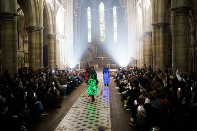 PFW - Anrealage Runway - Paris AJ Models present creations by Anrealage for the Womenswear Ready-to-wear Fall-Winter 2025 2026 collection as part of the Paris Fashion Week, at the American Cathedral in Paris, France on March 4, 2025. Photo by Alexis Jumeau ABACAPRESS.COM Paris France  Copyright: xJumeauxAlexis ABACAx