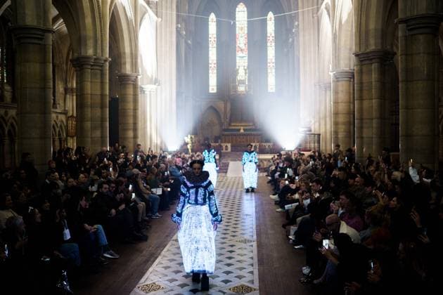 PFW - Anrealage Runway - Paris AJ Models present creations by Anrealage for the Womenswear Ready-to-wear Fall-Winter 2025 2026 collection as part of the Paris Fashion Week, at the American Cathedral in Paris, France on March 4, 2025. Photo by Alexis Jumeau ABACAPRESS.COM Paris France  Copyright: xJumeauxAlexis ABACAx