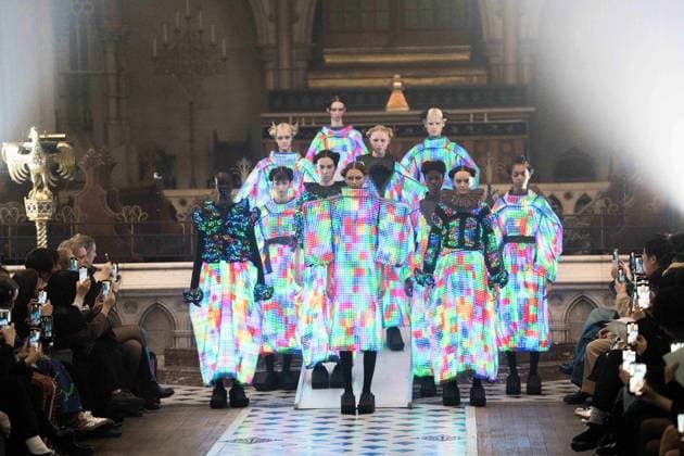 PFW - Anrealage Runway - Paris AJ Models present creations by Anrealage for the Womenswear Ready-to-wear Fall-Winter 2025 2026 collection as part of the Paris Fashion Week, at the American Cathedral in Paris, France on March 4, 2025. Photo by Alexis Jumeau ABACAPRESS.COM Paris France  Copyright: xJumeauxAlexis ABACAx