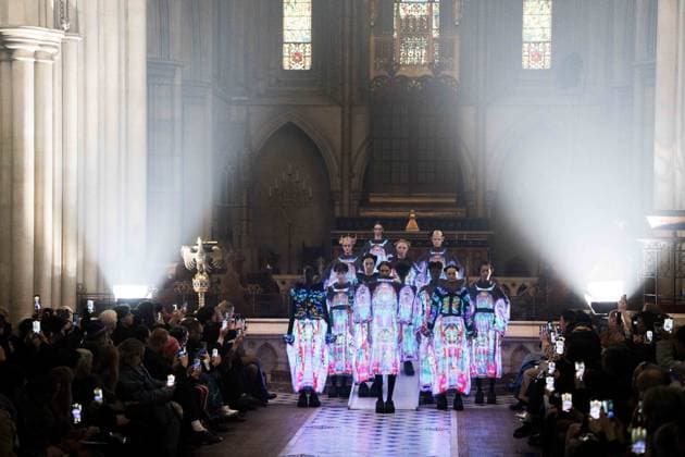PFW - Anrealage Runway - Paris AJ Models present creations by Anrealage for the Womenswear Ready-to-wear Fall-Winter 2025 2026 collection as part of the Paris Fashion Week, at the American Cathedral in Paris, France on March 4, 2025. Photo by Alexis Jumeau ABACAPRESS.COM Paris France  Copyright: xJumeauxAlexis ABACAx