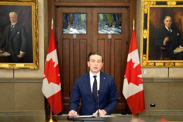 March 4, 2025, Ottawa, On, Canada: Conservative Leader Pierre Poilievre holds a news conference in Ottawa on Tuesday, March 4, 2025. Ottawa Canada  - ZUMAc35_ 20250304_zaf_c35_052 Copyright: xAdrianxWyldx