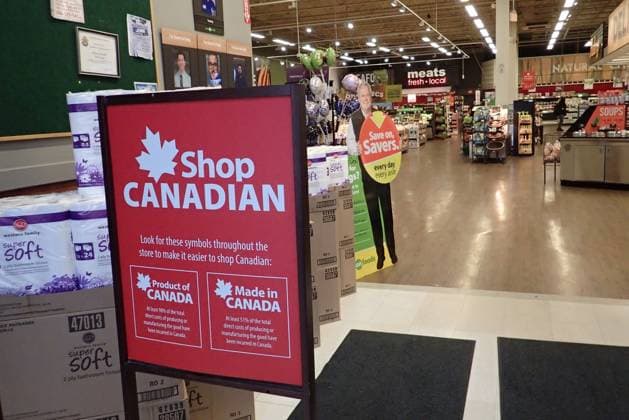 (250305) -- VANCOUVER, March 5, 2025 -- A Shop Canadian sign is seen at the entrance of a supermarket in Vancouver, British Columbia, Canada, March 4, 2025. The Canadian federal government on Tuesday announced a detailed tariff package after Prime Minister Justin Trudeau vowed that Canada will not back down from a fight against the trade war initiated by U.S. President Donald Trump. TO GO WITH Canada announces detailed counter tariff package against U.S. (Photo by Xinhua) CANADA-VANCOUVER-COUNTER TARIFF PACKAGE-U.S. LiangxSen 