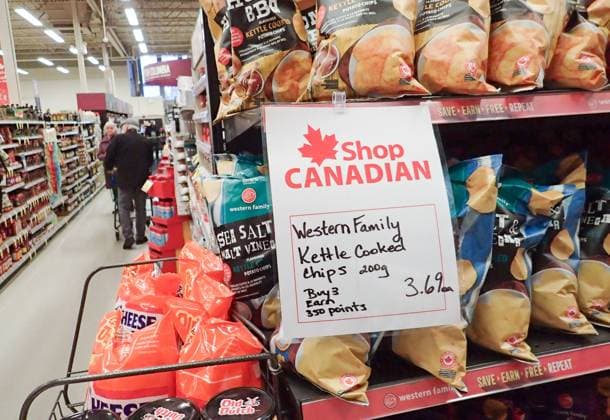 (250305) -- VANCOUVER, March 5, 2025 -- A Shop Canadian sign is seen at a supermarket in Vancouver, British Columbia, Canada, March 4, 2025. The Canadian federal government on Tuesday announced a detailed tariff package after Prime Minister Justin Trudeau vowed that Canada will not back down from a fight against the trade war initiated by U.S. President Donald Trump. TO GO WITH Canada announces detailed counter tariff package against U.S. (Photo by Xinhua) CANADA-VANCOUVER-COUNTER TARIFF PACKAGE-U.S. LiangxSen 