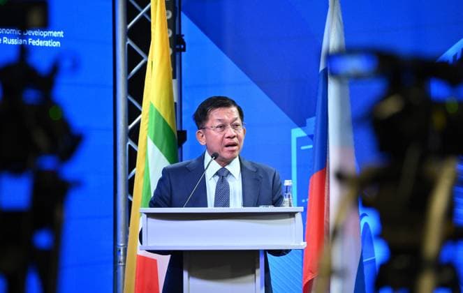 Russia Myanmar Business Forum 8871533 05.03.2025 Myanmar Prime Minister and Chairman of the State Administration Council Min Aung Hlaing speaks during a session of the Myanmar-Russian Business Forum in Moscow, Russia. Kirill Zykov Sputnik Moscow Russia  Copyright: xKirillxZykovx