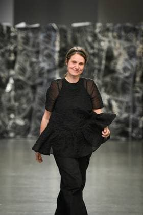 PFW - Cecilie Bahnsen Runway Cecilie Bahnsen cheers attendees after the runway of her collection as part of Paris Fashion Week at the Palais de Tokyo in Paris, on March 5, 2025. Photo by Firas Abdullah ABACAPRESS.COM Paris Ile-de-France France  Copyright: xAbdullahxFiras ABACAx