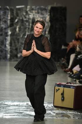PFW - Cecilie Bahnsen Runway Cecilie Bahnsen cheers attendees after the runway of her collection as part of Paris Fashion Week at the Palais de Tokyo in Paris, on March 5, 2025. Photo by Firas Abdullah ABACAPRESS.COM Paris Ile-de-France France  Copyright: xAbdullahxFiras ABACAx