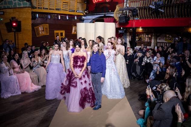 PFW - Christophe Guillarme Runway Delphine Wespiser and Christophe Guillarme with other models present creations by Christophe Guillarme for the Womenswear Ready-to-wear Fall-Winter 2025 2026 collection as part of the Paris Fashion Week on March 5, 2025 in Paris, France. Photo by Alexis Jumeau ABACAPRESS.COM Paris France  Copyright: xJumeauxAlexis ABACAx