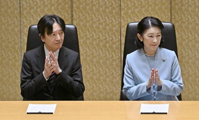 Japan crown prince at award ceremony Japanese Crown Prince Fumihito and Crown Princess Kiko attend an award ceremony for promising researchers in their 20s to 30s in Tokyo on March 6, 2025. (Pool photo)  A14AA0004256160P