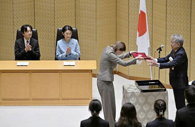 Japan crown prince at award ceremony Japanese Crown Prince Fumihito top, L) and Crown Princess Kiko (top, R) attend an award ceremony for promising researchers in their 20s to 30s in Tokyo on March 6, 2025. (Pool photo)  A14AA0004256213P