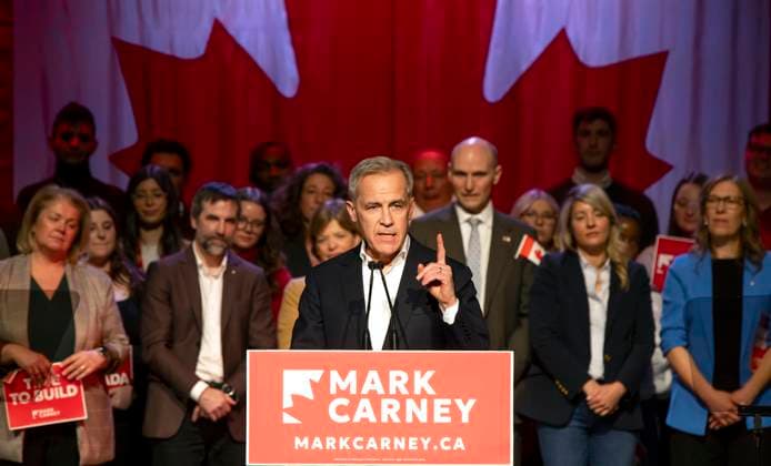 Kanada, Mark Carney wird neuer Premierminister, Archivbilder March 6, 2025, Montreal, Pq, CANADA: Liberal Party of Canada leadership candidate Mark Carney addresses supporters in Montreal on Thursday, March 6, 2025. Montreal CANADA  - ZUMAc35_ 20250306_zaf_c35_111 Copyright: xPeterxMccabex