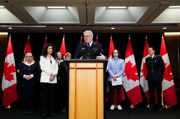 March 7, 2025, Ottawa, Ontario, Canada: RCMP Senior Deputy Commissioner Bryan Larkin, middle, takes party in a press conference on Parliament Hill in Ottawa on Friday, March 7, 2025, on new measures to address gun violence in Canada. Ottawa Canada  - ZUMAc35_ 20250307_zaf_c35_011 Copyright: xSeanxKilpatrickx