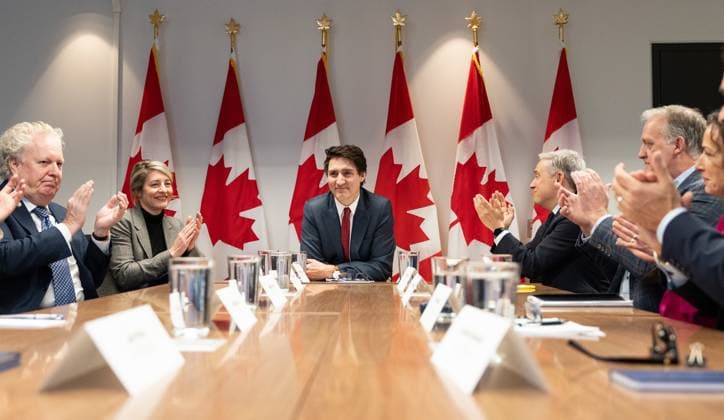 March 7, 2025, Montreal, Pq, CANADA: Prime Minister Justin Trudeau, centre, flanked by from left to right, Jean Charest, member of his council on Canada-U.S. relations, Foreign Affairs Minister Melanie Joly, Minister of Innovation, Science and Industry Francois-Philippe Champagne and Martin Caron, president of L Union des producteurs agricoles (UPA) hosts a round table with business community leaders in Montreal on Friday, March 7, 2025. Montreal CANADA - ZUMAc35_ 20250307_zaf_c35_043 Copyright: xChristinnexMuschix