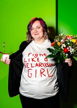 Anne Klein Womens Prize Award Ceremony on 07 03 2025 Belarusian feminist activist and blogger Darya AfanasievÐ° poses for a photo during the Anne Klein Womens Prize Award Ceremony 2025 wearing a T-shirt with the inscription FIGHT LIKE A BELARUSIAN GIRL in red color Copyright: xEVENTPRESSxJeremyxKnowlesx