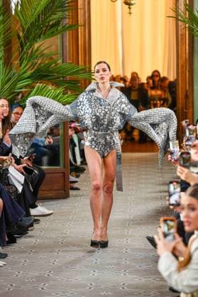 PFW - Serbia Fashion Week Runway A model walks the runway during the Serbia Fashion Week Runway Womenswear Fall Winter 2025-2026 show during the Paris Fashion Week on March 02, 2024 in Paris, France. SERBIA FASHION WEEK Presents Mystic Muses . Serbia Fashion Week will present in France four Serbian designers, who will make their fashion show international debut. George Styler, Suzana Peric, EHO by Evgheni Hudorojcov and Houida Baridi . Photo by Shootpix ABACAPRESS.COM Paris France  Copyright: xShootpix ABACAx