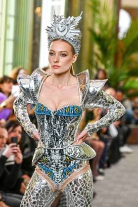 PFW - Serbia Fashion Week Runway A model walks the runway during the Serbia Fashion Week Runway Womenswear Fall Winter 2025-2026 show during the Paris Fashion Week on March 02, 2024 in Paris, France. SERBIA FASHION WEEK Presents Mystic Muses . Serbia Fashion Week will present in France four Serbian designers, who will make their fashion show international debut. George Styler, Suzana Peric, EHO by Evgheni Hudorojcov and Houida Baridi . Photo by Shootpix ABACAPRESS.COM Paris France  Copyright: xShootpix ABACAx