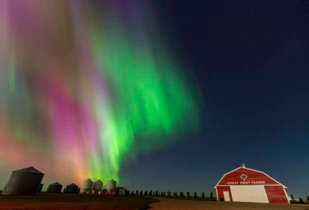 Northern lights illuminating great west farms in rural landscape Aurora borealis glowing over great west farms and grain bins in the canadian prairies at night Copyright: xZoonar.com mark.duffyx 23021001
