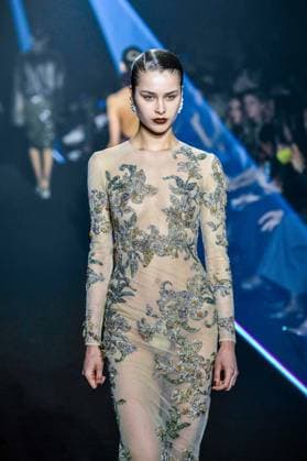 PFW - Georges Hobeika Runway - Paris A model walks the runway during the Georges Hobeika Womenswear Fall Winter 2025-2026 show as part of Paris Fashion Week at Palais De Tokyo in Paris, France, on March 08, 2025. Photo by Shootpix ABACAPRESS.COM Paris France  Copyright: xShootpix ABACAx