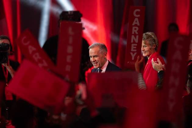 March 9, 2025, Ottawa, On, Canada: Liberal Leader Mark Carney turns to supporters after it was announced he won the leadership as his wife Diana Fox looks on at the Liberal leadership announcement in Ottawa on Sunday, March 9, 2025. Ottawa Canada  - ZUMAc35_ 20250309_zaf_c35_193 Copyright: xAdrianxWyldx