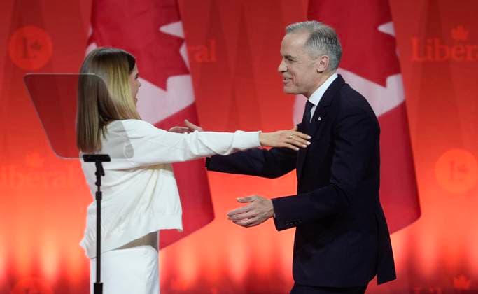 March 9, 2025, Ottawa, On, Canada: Liberal Leader Mark Carney is greeted by his daughter Cleo as he takes to the stage after being named the new leader of the Liberal Party of Canada in Ottawa on Sunday, March 9, 2025. Ottawa Canada  - ZUMAc35_ 20250309_zaf_c35_255 Copyright: xAdrianxWyldx
