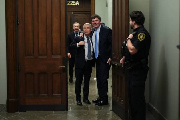 March 10, 2025, Ottawa, On, Canada: Liberal Leader Mark Carney (back) looks on as Finance Minister Dominic LeBlanc (right) and Industry Minister Francois-Philippe Champagne pose outside a caucus meeting in Ottawa, Monday, March 10, 2025. Ottawa Canada  - ZUMAc35_ 20250310_zaf_c35_071 Copyright: xSeanxKilpatrickx