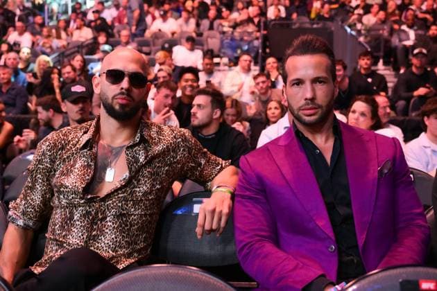 March 8, 2025, Las Vegas, Nevada, USA: ANDREW TATE (L) along with his brother TRISTAN TATE (R) was present cage side during UFC 313 at the T-Mobile Arena, Las Vegas Las Vegas USA - ZUMAbs a 20250308_zsp_o117_164 Copyright: xMikaelxOnax