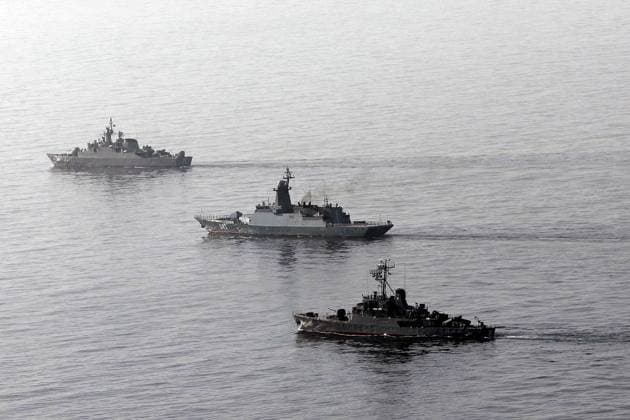March 11, 2025, Indian Ocean, Gulf Of Oman, Iran: Iranian Navy frigate IRIS Alvand (71) (top) and another friage cruising with the Russian Navy Steregushchiy-class corvette Rezkiy (343) (C) during joint military drills in the Indian Ocean and the Gulf of Oman. On the second day of the joint naval drill Maritime Security Belt 2025, naval forces from Iran, Russia, and China conducted aerial photography exercises and tactical formation maneuvers in the Indian Ocean and the Gulf of Oman. Helicopters from the Iranian Navy and the IRGC are monitoring the three-day exercise. The drill aims to enhance coordination among participating forces and strengthen maritime cooperation. Indian Ocean Iran - ZUMAi98_ 20250311_zih_i98_001 Copyright: xIranianxArmyxOfficex
