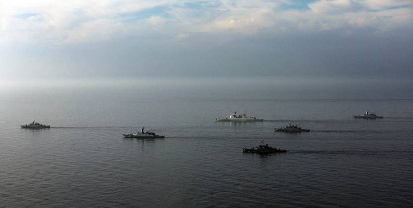 March 11, 2025, Indian Ocean, Gulf Of Oman, Iran: Warships from Iran, Russia, and China during joint military drills in the Indian Ocean and the Gulf of Oman. On the second day of the joint naval drill Maritime Security Belt 2025, naval forces from Iran, Russia, and China conducted aerial photography exercises and tactical formation maneuvers in the Indian Ocean and the Gulf of Oman. Helicopters from the Iranian Navy and the IRGC are monitoring the three-day exercise. The drill aims to enhance coordination among participating forces and strengthen maritime cooperation. Indian Ocean Iran - ZUMAi98_ 20250311_zih_i98_006 Copyright: xIranianxArmyxOfficex