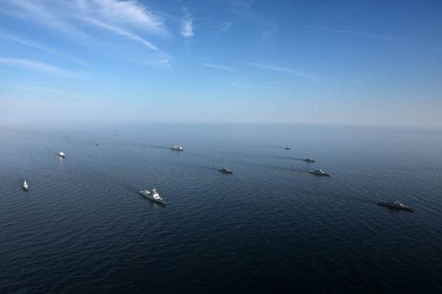 March 11, 2025, Indian Ocean, Gulf Of Oman, Iran: Warships from Iran, Russia, and China during joint military drills in the Indian Ocean and the Gulf of Oman. On the second day of the joint naval drill Maritime Security Belt 2025, naval forces from Iran, Russia, and China conducted aerial photography exercises and tactical formation maneuvers in the Indian Ocean and the Gulf of Oman. Helicopters from the Iranian Navy and the IRGC are monitoring the three-day exercise. The drill aims to enhance coordination among participating forces and strengthen maritime cooperation. Indian Ocean Iran - ZUMAi98_ 20250311_zih_i98_012 Copyright: xIranianxArmyxOfficex