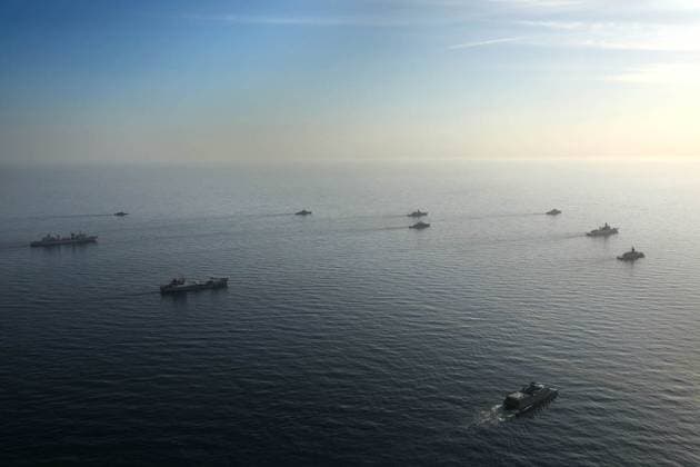 March 11, 2025, Indian Ocean, Gulf Of Oman, Iran: Warships from Iran, Russia, and China during joint military drills in the Indian Ocean and the Gulf of Oman. On the second day of the joint naval drill Maritime Security Belt 2025, naval forces from Iran, Russia, and China conducted aerial photography exercises and tactical formation maneuvers in the Indian Ocean and the Gulf of Oman. Helicopters from the Iranian Navy and the IRGC are monitoring the three-day exercise. The drill aims to enhance coordination among participating forces and strengthen maritime cooperation. Indian Ocean Iran - ZUMAi98_ 20250311_zih_i98_016 Copyright: xIranianxArmyxOfficex