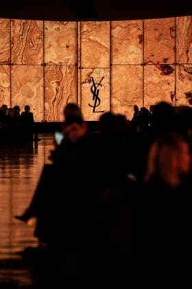 PFW - Saint Laurent Illustration Logo Yves Saint Laurent after the Saint Laurent show for the Womenswear Ready-to-wear Fall-Winter 2025 2026 collection as part of the Paris Fashion Week, in Paris on March 11, 2025.Photo by Eliot Blondet ABACAPRESS.COM Paris France  Copyright: xBlondetxEliot ABACAx