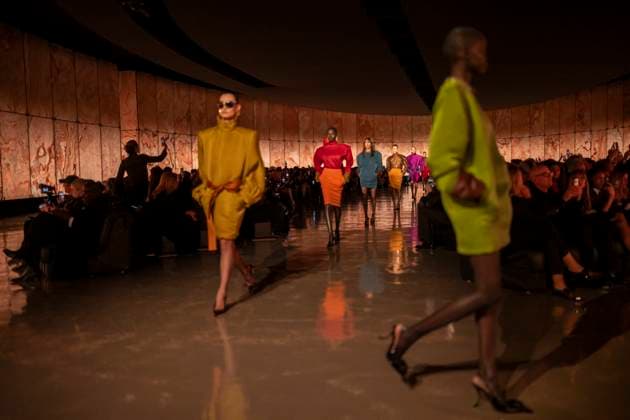 PFW - Saint Laurent Runway Models present creations by Saint Laurent for the Womenswear Ready-to-wear Fall-Winter 2025 2026 collection as part of the Paris Fashion Week, in Paris on March 11, 2025.Photo by Eliot Blondet ABACAPRESS.COM Paris France  Copyright: xBlondetxEliot ABACAx