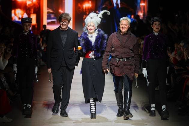 RUSSIA, MOSCOW - MARCH 13, 2025: Alexei Yegorov (2nd R), Rector of the Moscow Art and Industry Institute, models one of the creations during a runway show as part of the 4th Moscow Fashion Week at the Manege Central Exhibition Hall (Moscow Manege). Yevgeny Messman TASS  79067895