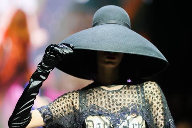 RUSSIA, MOSCOW - MARCH 13, 2025: A woman models one of the creations during a runway show for the Moscow Art and Industry Institute collection as part of the 4th Moscow Fashion Week at the Manege Central Exhibition Hall (Moscow Manege). Yevgeny Messman TASS  79068172