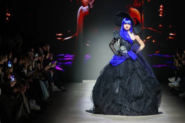 RUSSIA, MOSCOW - MARCH 13, 2025: A woman models one of the creations during a runway show for the Moscow Art and Industry Institute collection as part of the 4th Moscow Fashion Week at the Manege Central Exhibition Hall (Moscow Manege). Yevgeny Messman TASS  79068173