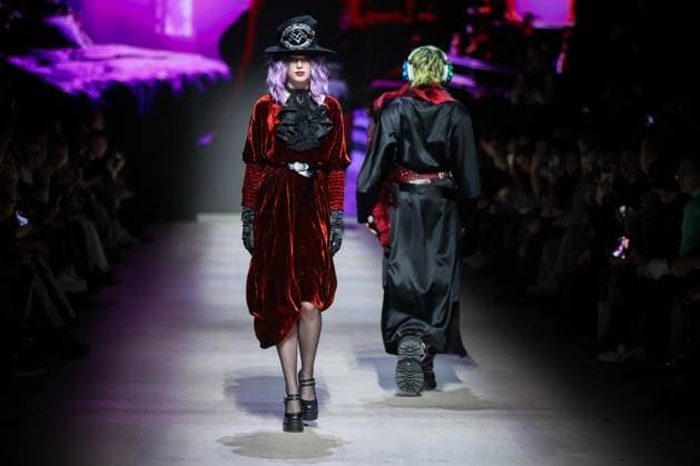 RUSSIA, MOSCOW - MARCH 13, 2025: A woman models one of the creations during a runway show for the Moscow Art and Industry Institute collection as part of the 4th Moscow Fashion Week at the Manege Central Exhibition Hall (Moscow Manege). Yevgeny Messman TASS  79070144