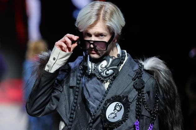 RUSSIA, MOSCOW - MARCH 13, 2025: A man models one of the creations during a runway show for the Moscow Art and Industry Institute collection as part of the 4th Moscow Fashion Week at the Manege Central Exhibition Hall (Moscow Manege). Yevgeny Messman TASS  79070390