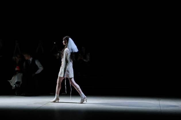 RUSSIA, MOSCOW - MARCH 13, 2025: A model showcase creations during a runway show for the Lurvin brand collection as part of the 4th Moscow Fashion Week at the Manege Central Exhibition Hall. Arina Antonova TASS  79074602