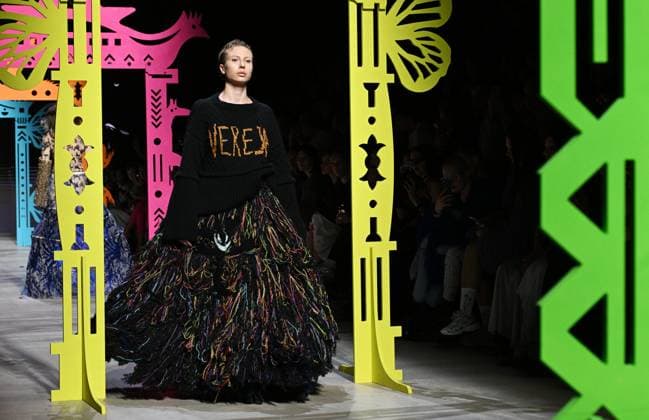 Russia Moscow Fashion Week 8878182 13.03.2025 A model presents a creation by the brand VEREJA during the 4th Moscow Fashion Week at the Manege Central Exhibition Hall in Moscow, Russia. Ekaterina Chesnokova Sputnik Moscow Russia  Copyright: xEkaterinaxChesnokovax