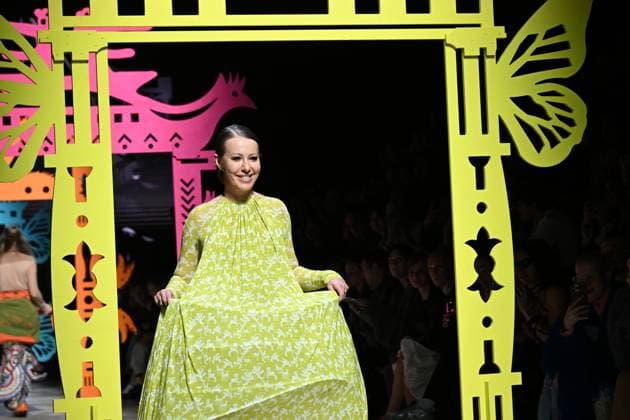 Russia Moscow Fashion Week 8878215 13.03.2025 TV anchor and journalist Ksenia Sobchak appears on the catwalk during the presentation of creations by the brand VEREJA during the 4th Moscow Fashion Week at the Manege Central Exhibition Hall in Moscow, Russia. Ekaterina Chesnokova Sputnik Moscow Russia  Copyright: xEkaterinaxChesnokovax
