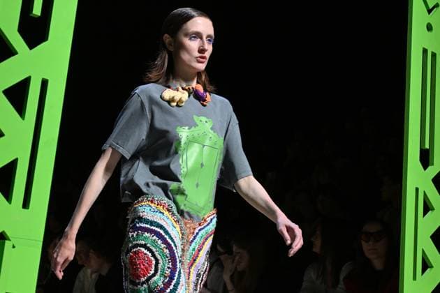 Russia Moscow Fashion Week 8878239 13.03.2025 A model presents a creation by the brand VEREJA during the 4th Moscow Fashion Week at the Manege Central Exhibition Hall in Moscow, Russia. Ekaterina Chesnokova Sputnik Moscow Russia  Copyright: xEkaterinaxChesnokovax