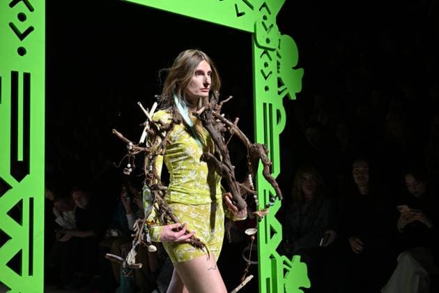 Russia Moscow Fashion Week 8878253 13.03.2025 A model presents a creation by the brand VEREJA during the 4th Moscow Fashion Week at the Manege Central Exhibition Hall in Moscow, Russia. Ekaterina Chesnokova Sputnik Moscow Russia  Copyright: xEkaterinaxChesnokovax