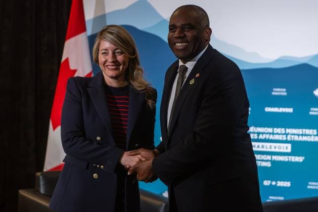 March 13, 2025, La Malbaie, Pq, Canada: Foreign Affairs Minister Melanie Joly, and U.K. Foreign Secretary David Lammy shake hands before a bilateral meeting at the G7 Foreign Ministers Meeting (FMM) in La Malbaie, Que., Thursday, March 13, 2025. La Malbaie Canada  - ZUMAc35_ 20250313_zaf_c35_041 Copyright: xFrancisxVachonx