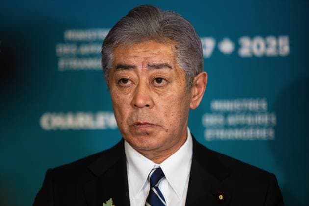 March 13, 2025, La Malbaie, Pq, Canada: Japan s Foreign Minister Takeshi Iwaya, speaks to the media at the G7 Foreign Ministers Meeting (FMM) in La Malbaie, Que., on Thursday, March 13, 2025. La Malbaie Canada  - ZUMAc35_ 20250313_zaf_c35_044 Copyright: xFrancisxVachonx