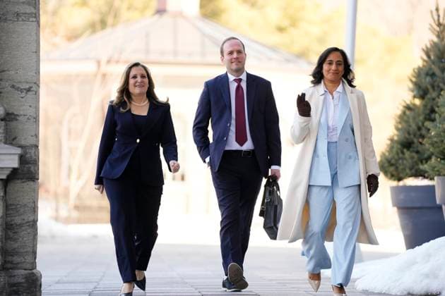 March 14, 2025, Ottawa, On, Canada: Chrystia Freeland, left to right, Nathaniel Erskine-Smith and Anita Anand arrive for a swearing in ceremony at Rideau Hall in Ottawa on Friday, March 14, 2025. Ottawa Canada  - ZUMAc35_ 20250314_zaf_c35_030 Copyright: xJustinxTangx