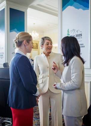 Annalena Baerbock Buendnis 90 Die Gruenen , Federal Foreign Minister, photographed during her participation in the meeting of the G7 Foreign Ministers in Charlevoix, Canada Here with Melanie Joly M , Foreign Minister of Canada, and Kaja Kallas, High Representative of the EU for Foreign Affairs and Security Policy Photographed on behalf of the Federal Fore Copyright: xThomasxKoehler AAx