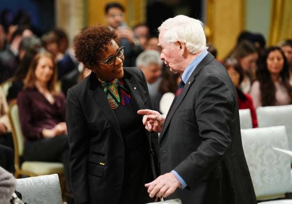 March 14, 2025, Ottawa, On, Canada: Former governor generals Michaelle Jean, left, and David Johnston talk before a swearing in ceremony at Rideau Hall in Ottawa on Friday, March 14, 2025. Ottawa Canada  - ZUMAc35_ 20250314_zaf_c35_045 Copyright: xSeanxKilpatrickx