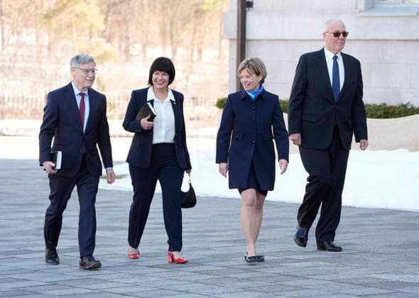 March 14, 2025, Ottawa, On, Canada: Terry Duguid, left to right, Ginette Petitpas Taylor, Elisabeth Briere and Bill Blair arrive for a swearing in ceremony at Rideau Hall in Ottawa on Friday, March 14, 2025. Ottawa Canada  - ZUMAc35_ 20250314_zaf_c35_059 Copyright: xAdrianxWyldx