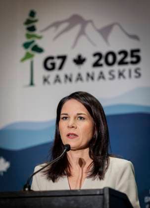 Final press conference of Annalena Baerbock Buendnis 90 Die Gruenen , Federal Foreign Minister, taken during her participation in the meeting of the G7 Foreign Ministers in Charlevoix, Canada Photographed on behalf of the Federal Foreign Office Charlevoix Canada Copyright: xThomasxKoehler AAx